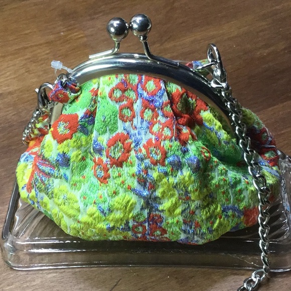 Kiss Lock mini cross body - green floral brocade